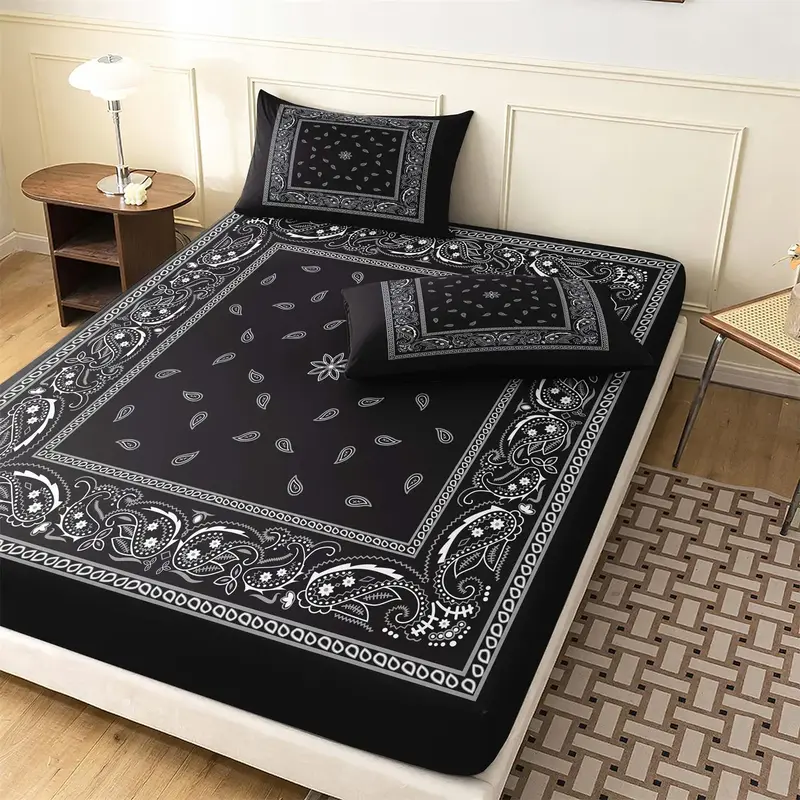 Boho Paisley Bohemian Printed Silky Satin Bedding Set, 3 Counts/set Including 1 Count Fitted Sheet & 2 Counts Pillowcase with...