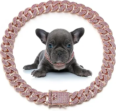 PetFusion Dog Chain Collar Diamond Link Puppy Collar 12 mm Wide Rose Gold Crystal Necklace Jewelry Accessories for Small Medi...
