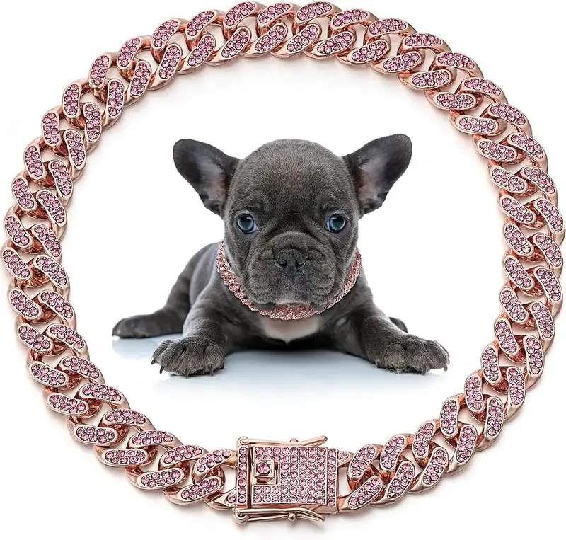 PetFusion Dog Chain Collar Diamond Link Puppy Collar 12 mm Wide Rose Gold Crystal Necklace Jewelry Accessories for Small Medi...