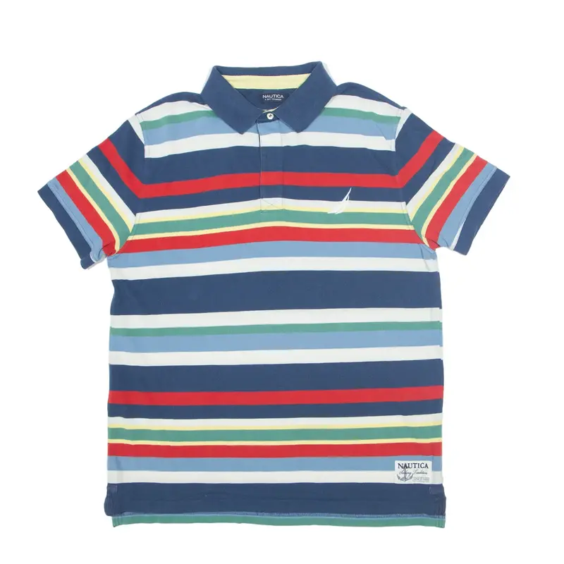 NAUTICA Trim Fit Polo Shirt Blue Striped Short Sleeve Mens XL