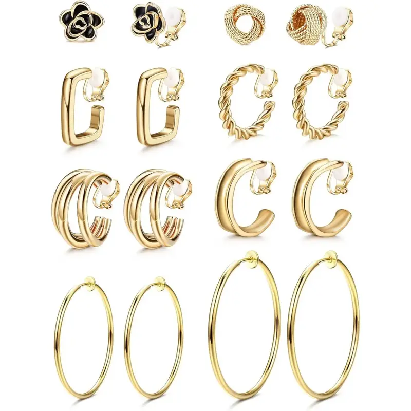 FLORIDECO 8 Pairs Clip On Earrings for Women Chunky Clip On Hoop Earrings Non Pierced Fashion Fake Hoops Earings Jewelry Set ...