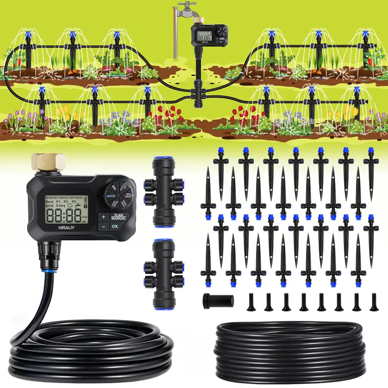 HIRALIY Automatic Drip Irrigation Kits with Water Timer, Quick Connector Garden Watering System with Easy Programmable Hose T...
