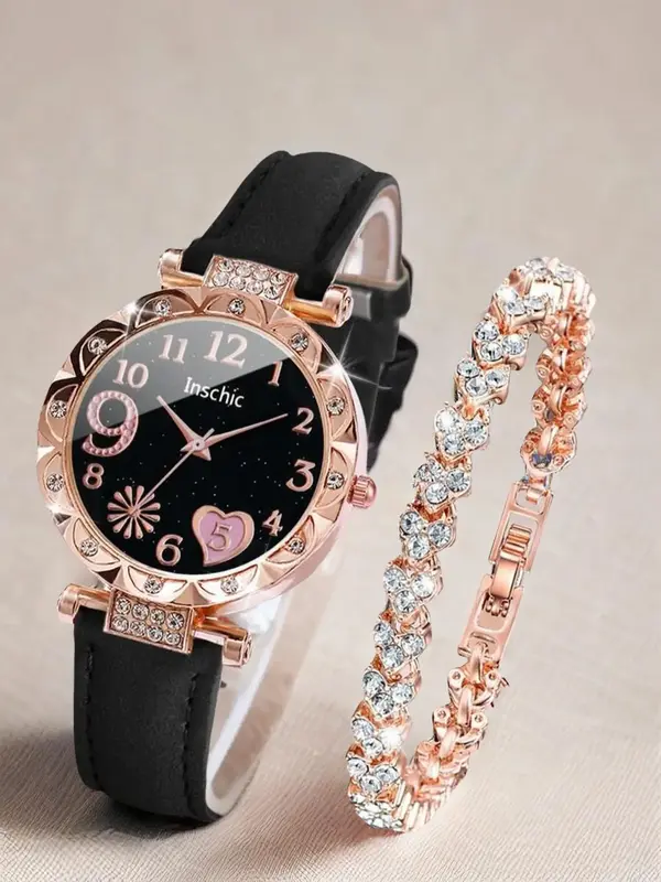 Summer 2024 Elegant Round Dial Quartz Watch & Bracelet, Sparkly Luxury Heart Design Bracelet, Rhinestone Decor Wristwatch for...