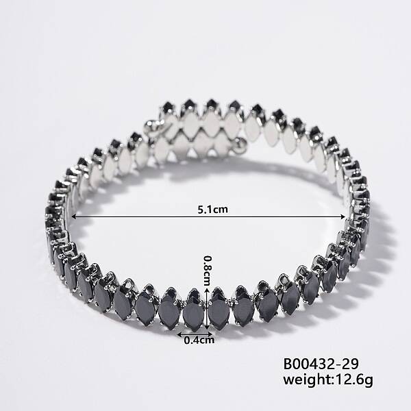 Elegant Brass Pave Black Cubic Zirconia Rhombus Open Cuff Bracelet for Women