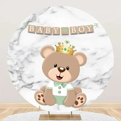 Cute Brown Bear Marble Round Baby Shower Backdrop - Aperturee