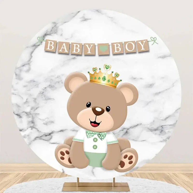 Cute Brown Bear Marble Round Baby Shower Backdrop - Aperturee