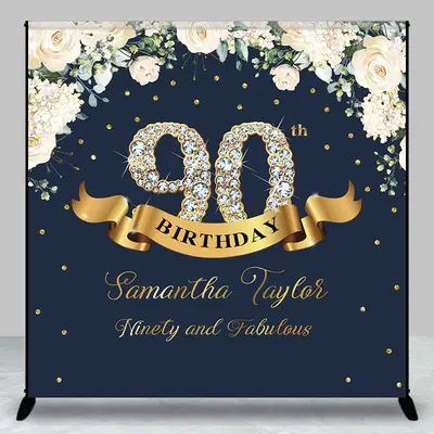 Custom Navy Blue Pink Floral 90th Birthday Backdrop - Aperturee