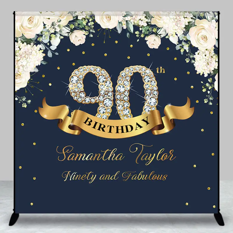 Custom Navy Blue Pink Floral 90th Birthday Backdrop - Aperturee