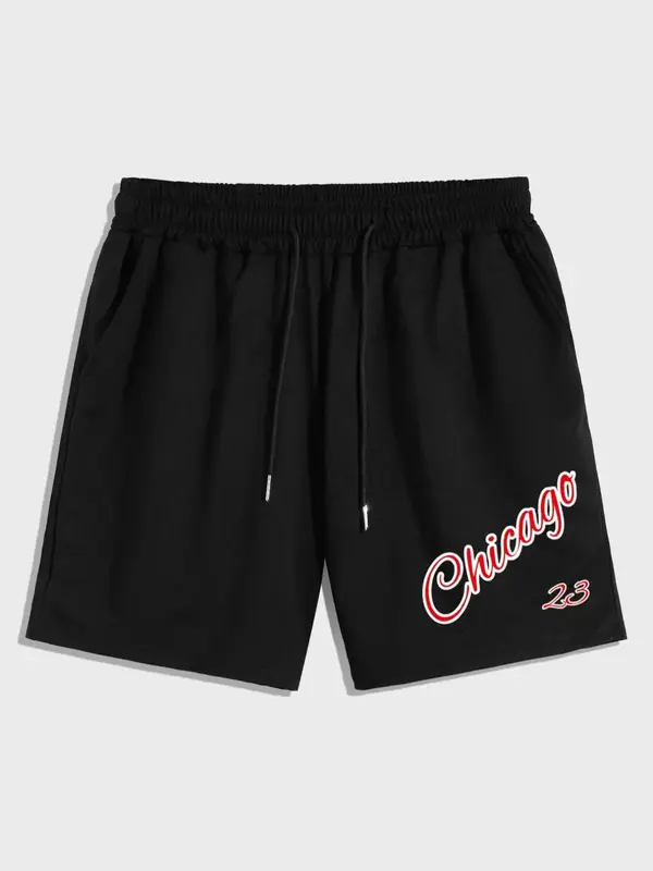 Men's Regular Fit Casual Letter Print Drawstring Waist Shorts, Summer Clothes Straight Leg Track Shorts for Men, Knitting Bo...