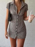 Women's Gingham Print Collared Shirt Dress, Casual Slim-fitting Dress for Daily Wear, Ladies Clothes for All Seasons, Womensw...