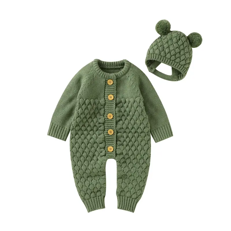 Newborn Baby Boy Girl Romper Clothes Checkerboard Long Sleeve Button Up Knitted Jumpsuit Cute Infant Winter Outfits