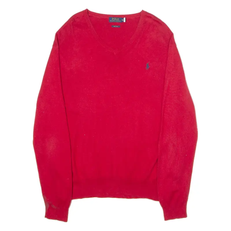 POLO RALPH LAUREN Mens Jumper Red V-Neck Tight Knit XL