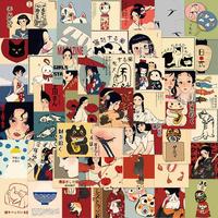 Vintage Japanese Style Sticker, 50pcs/set Cartoon Pattern Decorative Sticker, DIY Decals for Water Bottle, Laptop, Phone Case...