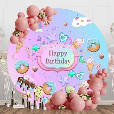 Aperturee Round Pink Blue Candyland Happy Birthday Backdrop - Aperturee