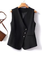 Women's Solid Asymmetrical Button Front Vest, Chic Elegant Fit Formal V Neck Sleeveless Outerwear, Ladies Spring & Fall Cloth...