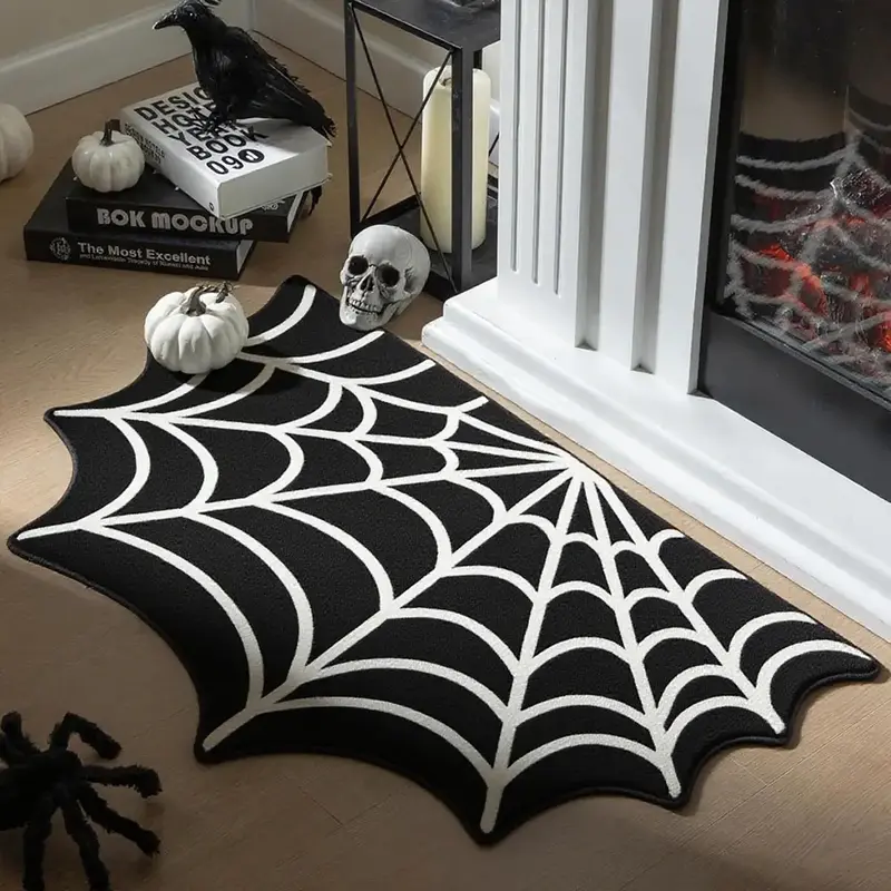 Halloween Spider Web Carpet, Soft Plush Area Rug for Fireplace, French Country Style Decorative Mat for Living Room Bedroom