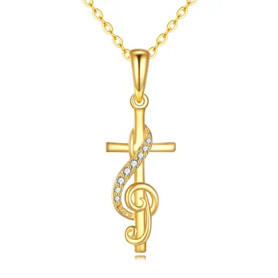 14K Gold Cubic Zirconia Cross & Music Symbol Pendant Necklace
