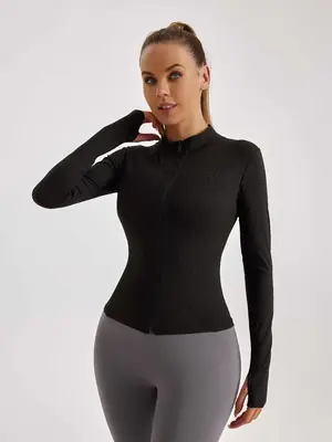 Women's Solid Zipper Closure Stand Collar Sports Jacket, Long Sleeve Thumb Hole Sports Outerwear for Yoga Gym Workout, Ladies...