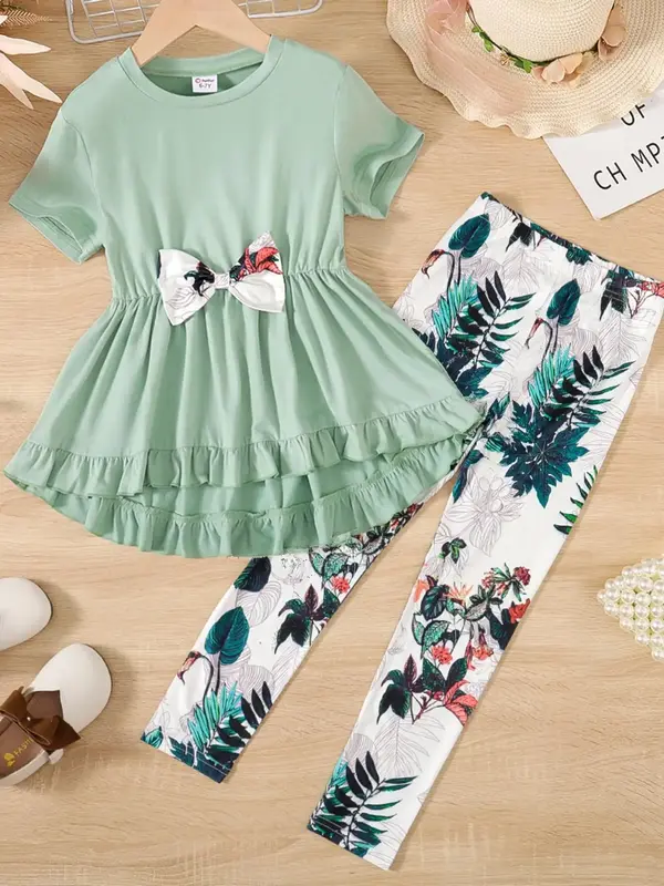 Girl's 2pcs Bow Decor Peplum Tee & Floral Print Pants Set, Cute Casual Short Sleeve Round Neck Ruffle High Low Hem T-Shirt & ...