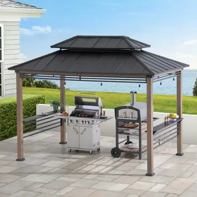 SUNJOY 8x12 Brown Hardtop Grill Gazebo with Electrical Outlets, Fence and Shelves