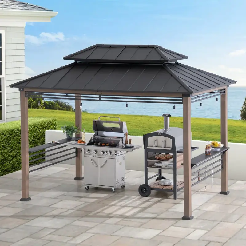 SUNJOY 8x12 Brown Hardtop Grill Gazebo with Electrical Outlets, Fence and Shelves