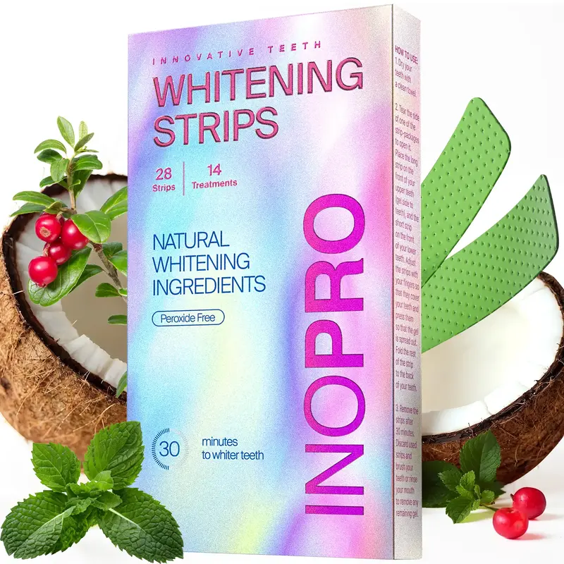 InoPro Teeth Whitening Strips 14 Treatments Kit, Peroxide Free Gentle Enamel Safe Green Strips, Instant Teeth Brightener w/ C...