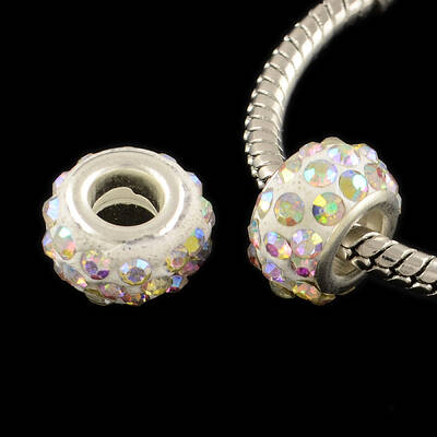 Polymer Clay Rhinestone European Large Hole Beads with Silver Color Plated Brass Cores