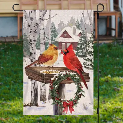 Snowy Forest Birds Xmas Wreath Christmas Garden Flag - Aperturee