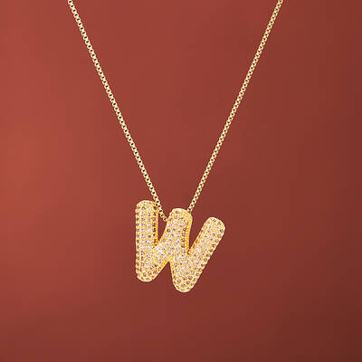 Brass Micro Pave Clear Cubic Zirconia Initial Pendant Necklaces for Women