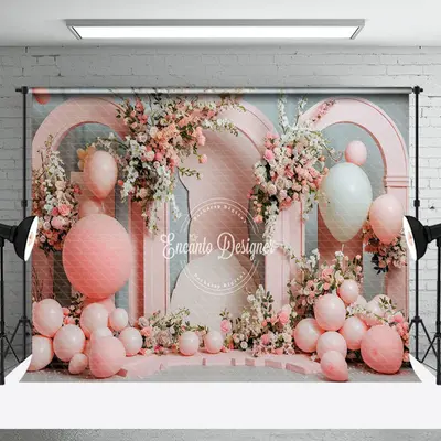Pink Arch Balloons Floral Spring Cake Smash Backdrop - Aperturee