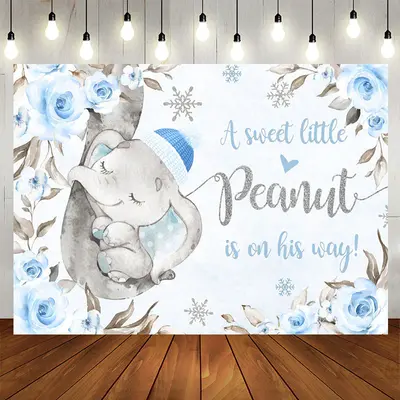 Aperturee Little Sweet Elephant Blue Floral Baby Shower Backdrop