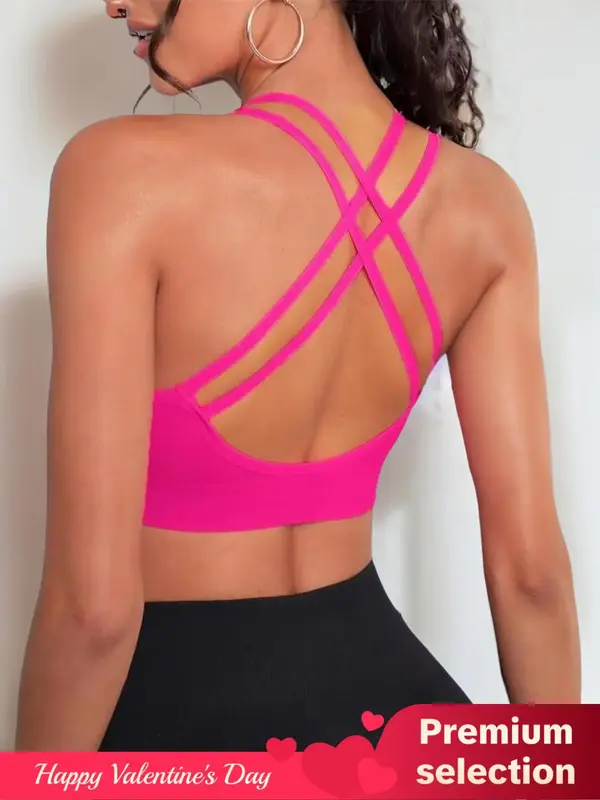 Women's Criss Cross Backless Wireless Sports Bra, Solid Color Double Spaghetti Strap Sports Bra, Cute Gym Clothes for Back To...