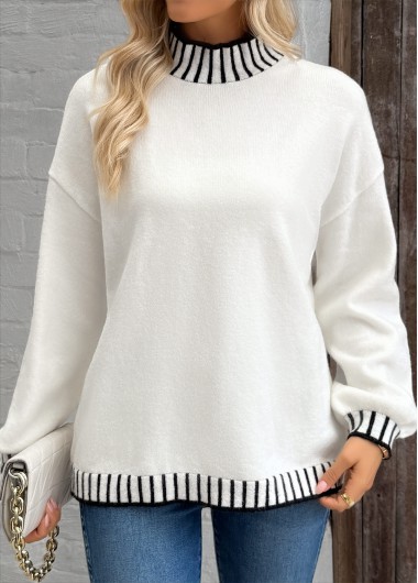 Modlily White Tummy Coverage Long Sleeve High Neck Sweater - L