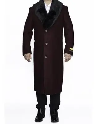 Moscow: MENS TOP COATS FULL LENGTH BURGUNDY REMOVABLE FUR COLLAR WOOL OVERCOAT