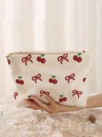 Red Cherry & Bow Pattern Makeup Bag, Pouch, Purse Women, Lightweight Multi-functional Fashion Compact Makeup Bag, Casual Trav...