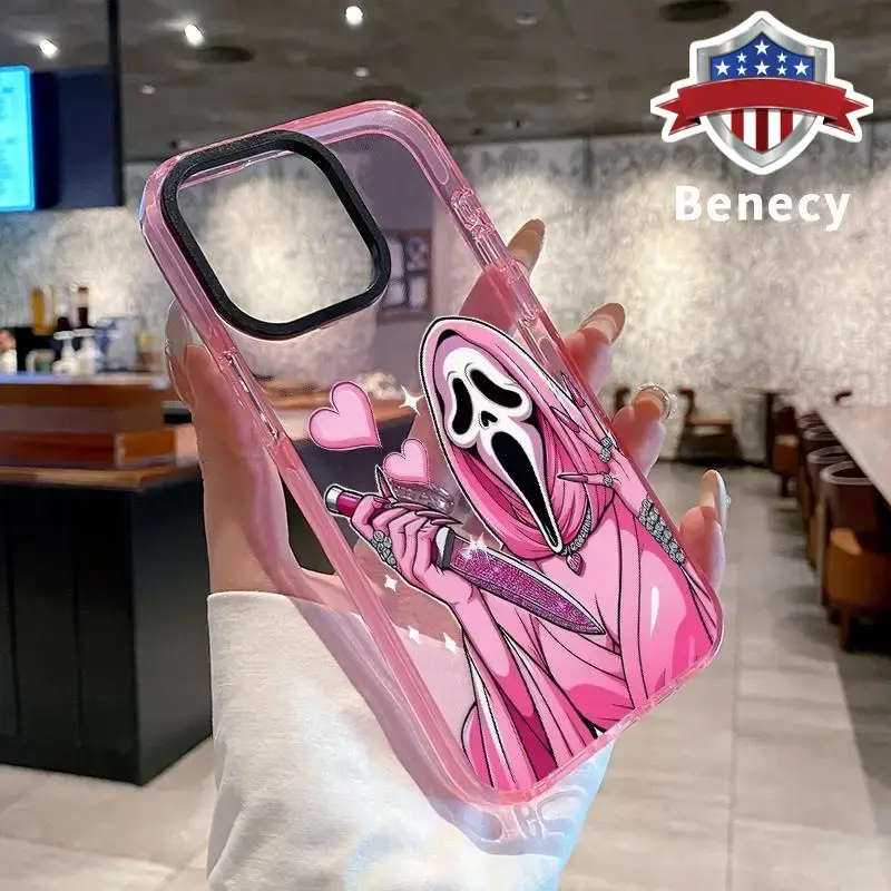 Soft Case for iPhone 17 16 Pro Max 15 Plus 14 13 12 11  Air  Halloween Cute Pink Horror Ghost Love Anti-Yellowing Shockproof ...