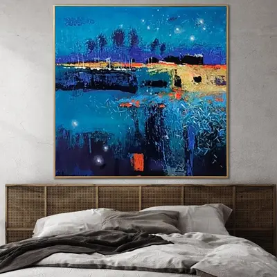 Large Abstract Blue Paintings On Canvas Original OIl Painting Textured Wall Art Creative Fine Art Framed Painting | DARK NIGH...