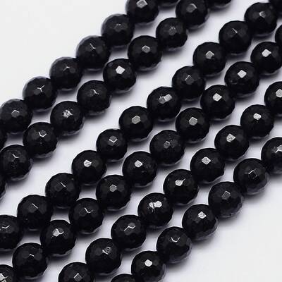 Faceted Round Natural Black Tourmaline Bead Strands