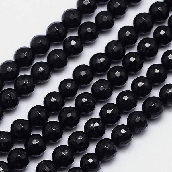 Faceted Round Natural Black Tourmaline Bead Strands
