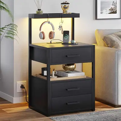 Sikaic LED Nightstand With Charging Station 2 USB Ports And 2 AC Outlets And 3 Drawers Open Storage Led Nightstand Shelf Mode...