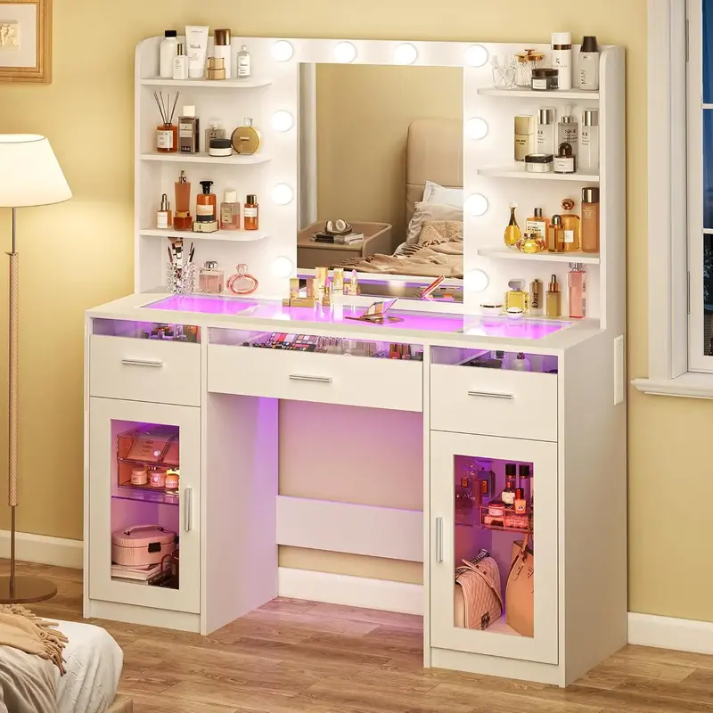 Vanity Desk, Makeup Vanity Desk with Mirror and Lights 3 Colors, Transparent Top with 3 RGB Drawers, 6 Shelves, 2 Large Tempe...