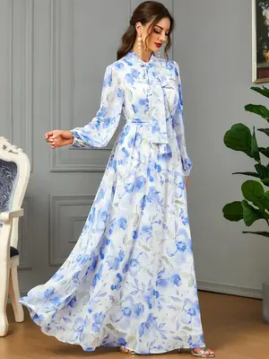 Women's Floral Print Bishop Sleeve Tie Neck Long Dress with Belt, Elegant Modest Maxi Flowy Dresses for Spring & Fall, Ladies...