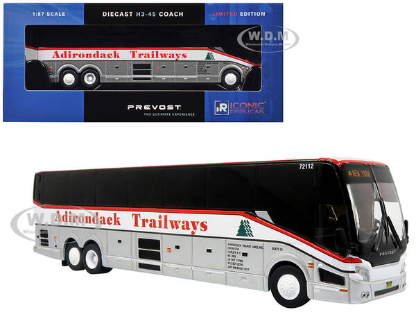 Prevost H3-45 Coach Bus Adirondack Trailways Silver Metallic and White with Red Stripes Limited Edition 1/87 (HO) Diecast Mod...