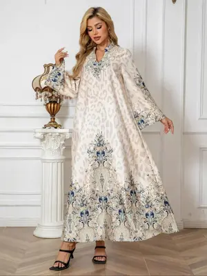 Women's Ethnic Pattern & Leopard Print Faux Pearl Decor Notched Neck Kaftan Dress, Elegant Long Sleeve Flounce Sleeve Dress f...