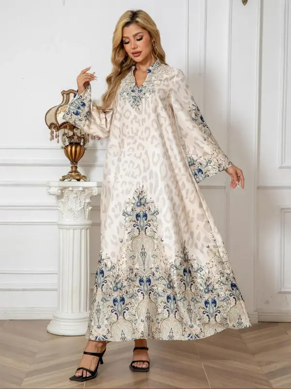 Women's Ethnic Pattern & Leopard Print Faux Pearl Decor Notched Neck Kaftan Dress, Elegant Long Sleeve Flounce Sleeve Dress f...