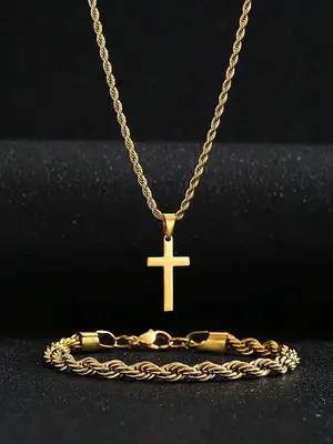 Men's Simple Plain Jewelry Set, Including Cross Pendant Necklace & Twist Decor Link Bracelet, Stainless Steel Jewelry Set, Fa...