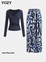 YOZY Cowl Neck Tee & Print Knot Front Skirt / Women's Casual Long Sleeve Top & Elastic Waist Split Hem Skirt, 2024 Women's Cl...