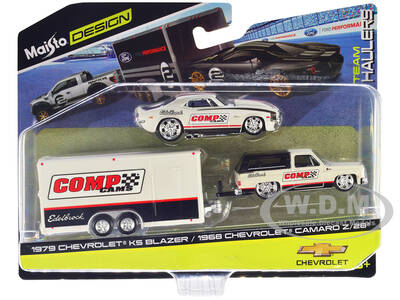1979 Chevrolet K5 Blazer White and Black and 1968 Chevrolet Camaro Z/28 White with Stripes with Enclosed Car Trailer \