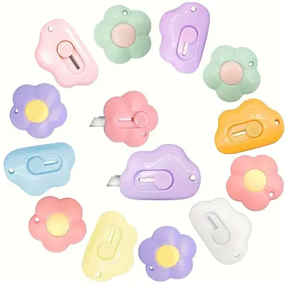 Mini Flower Cloud Shaped Portable Pocket Retractable Utility Knife, 6 Counts/set Box Cutter with Keychain Hole, Office Cuttin...