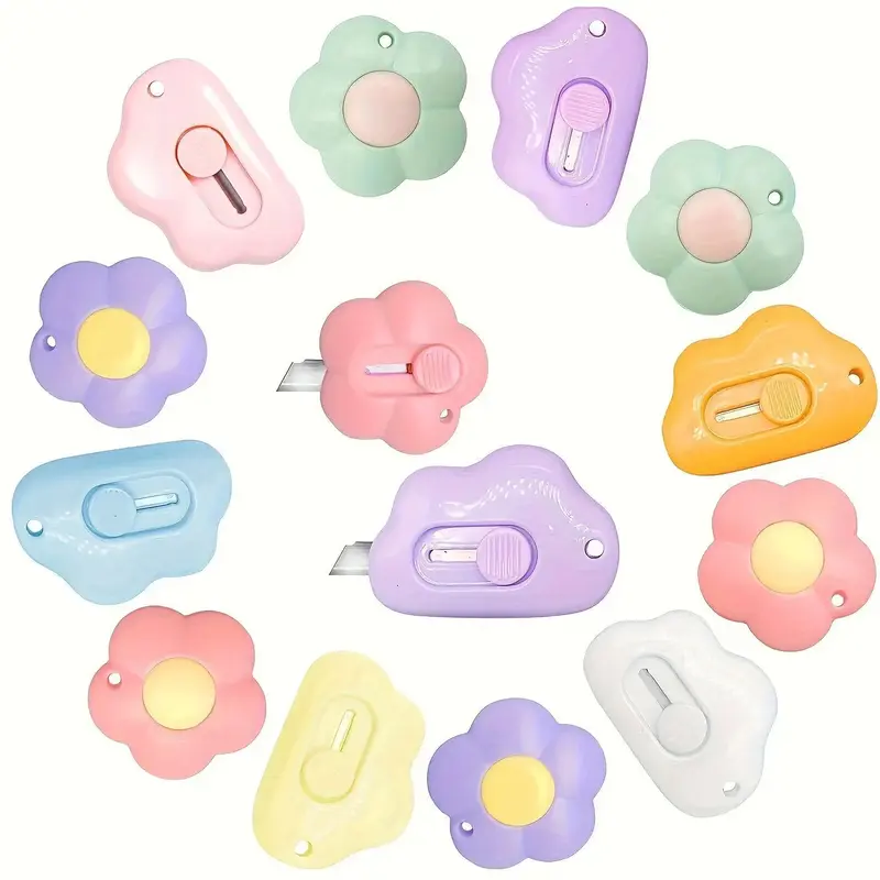 Mini Flower Cloud Shaped Portable Pocket Retractable Utility Knife, 6 Counts/set Box Cutter with Keychain Hole, Office Cuttin...